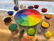 Color circle with powder pigments for education of color theory.