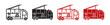 fire engine truck icon set in red and black color. firetruck vehicle with ladder line vector symbol. fire brigade truck pictogram.