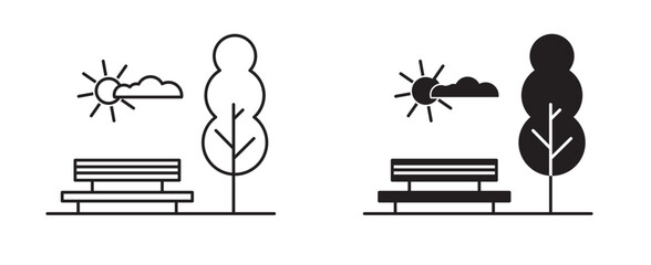 Public place icon set. park with bench and green space area. outdoor or outside walk area line symbol