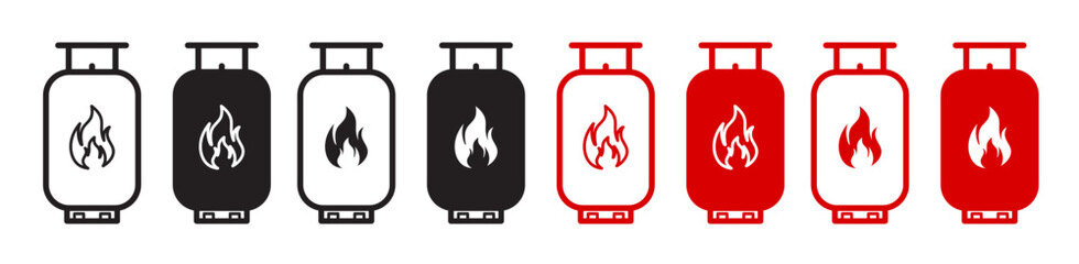 Wall Mural - compressed lpg gas cylinder icon set in black and red color. Kitchen cooking butane gas tank vector symbol set.