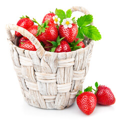 Wall Mural - Basket fresh strawberry with green leaf and flower. Isolated on white background