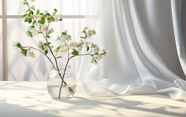 An unoccupied white counter table with flowing sheer fabric curtains, accompanied by a glass vase with tree branches, all bathed in sunlight—a perfect backdrop for showcasing luxury cosmetic products.