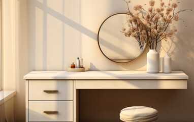 An empty modern, minimal beige dressing table and a round vanity mirror, all set against a cream wall in sunlit bedroom. A 3D background for showcasing luxury beauty, cosmetic, and makeup products.