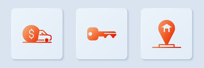 Poster - Set House key, Car rental and Location house. White square button. Vector