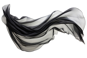 Silk scarf flying in the wind. Waving black satin cloth isolated on transparent background