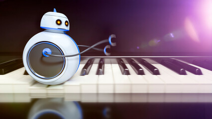 3d render of a sweet little robot runing over piano key