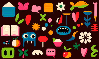 Wall Mural - funny characters, doodles, bright colors on a black background