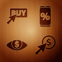 Poster - Set Cursor and coin, Buy button, Eye with dollar and Percent discount and mobile on wooden background. Vector