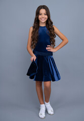 Poster - Happy girl face, positive and smiling emotions. Elegant charming teenager fashion child girl. Full length of teenager child girl wearing ball dress.