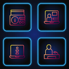 Sticker - Set line Television report, Information, News radio channel and World news. Gradient color icons. Vector