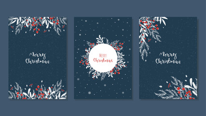 Wall Mural - Set of Christmas cards on dark background with Christmas decorations in the form of Christmas trees, branches with red berries. Vector