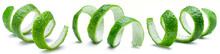 Set of lime peels or lime zests on white background.