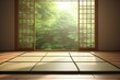 Close up of Japanese tatami mat floor wooden frame, AI