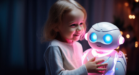 Wall Mural - Little girl child hugging a modern cute smiling artificial intelligence AI robot friend with copy space