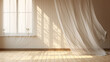 Billowing white sheer curtain, sunlight through window, beige-brown striped wall, parquet floor—a 3D backdrop for interior design and home product displays with a focus on air flow ventilation.