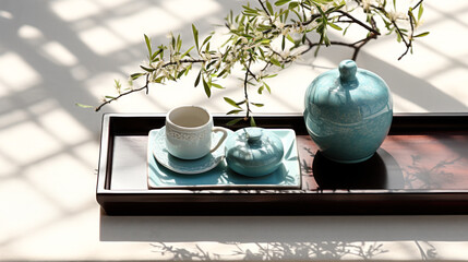 An antique blue Chinese book, a ceramic turquoise blue vase, and a dark wooden serving tray on a white fabric tablecloth, interior design piece decoration