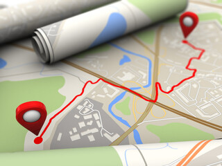 Wall Mural - 3d illustration of closeup map with navigation route