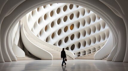 Wall Mural - a man is walking through a large building. generative ai image.
