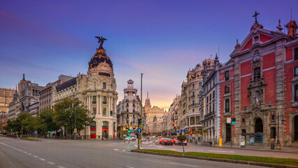 Wall Mural - Panoramic cityscape image of Madrid, Spain during sunrise.