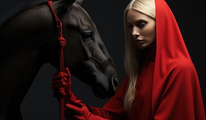 Sticker - A woman in a red cape is petting a horse. Generative AI image.