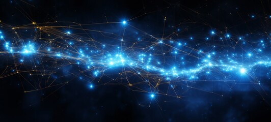 Poster - Texture abstract future technology lines with dots, network mesh background banner illustration 3d - Network connection digital data and big data concept. Dark blue gold glowing Generative Ai