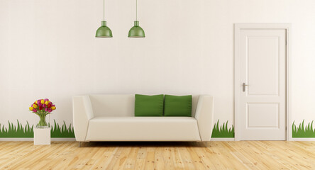 Wall Mural - Freshly living room with modern sofa,closed door and grass decoration on wall - 3d rendering