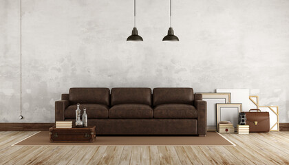 Wall Mural - Retro living room with leather sofa - 3d rendering