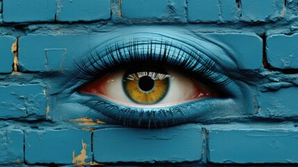 Sticker - A close up of a person's eye with a brick wall in the background. Generative AI image.