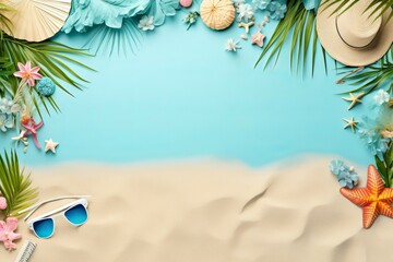 Beach themed frame for Flyers, Menù or Posters with Holiday Vacation Elements with space for text - Generative AI