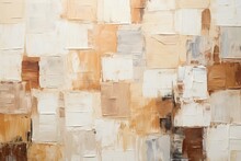 パレットナイフの四角形を使ったデザインの油絵・秋用の抽象背景バナー）茶色とグレーと白。AI生成画像