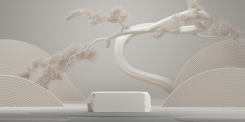 Wall Mural - 3d abstract background. 3d japanese style stone podium and bonsai tree concept for product presentat