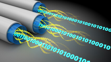 Poster - 3d illustration of digital data stream inside fiber optics cables