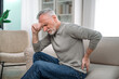 © brizmaker - Old man sitting on couch and feeling sudden back pain