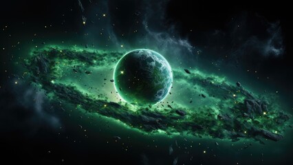 Canvas Print - An image of a green planet in space. Generative AI image.