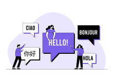 Online Translator, Translate Foreign Languages, Chat Bubbles With Different Languages, Hello!, Multilingual Communication, App Icon For Dialogue Between Foreign People Concept Flat Vector Illustration