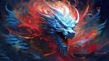 A Painting Of A Dragon With Red And Blue Feathers, Created With Generative Ai Technology