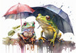 Illustration of a frog taking shelter under an umbrella when it rains. generative AI