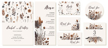 Big Set For Wedding Celebration With Autumn Leaves And Branches. Invitations, Thank You Cards, Tag, Sticker, Table Number And Menu Card. Vector