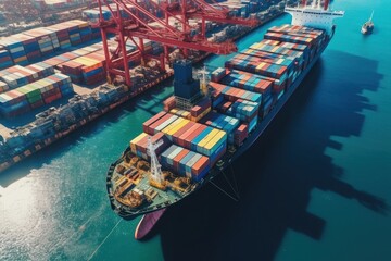 Aerial view of fully loaded container ship against the background of a cargo terminal in a seaport, port cranes, stacks of containers, railroads. Global freight logistics concept. 3D illustration.