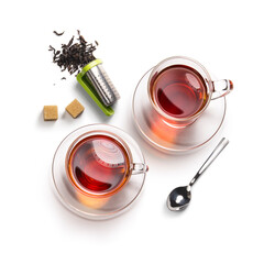 Wall Mural - tea accessories on a white background. View from above