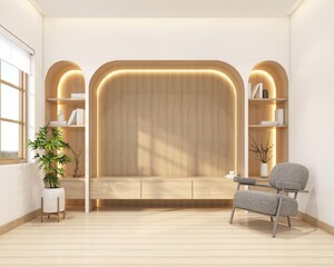 Wall Mural - Modern japan style living room decorated with minimalist tv cabinet and bookshelf, armchair and wood floor, white wall and wood slat wall. 3d rendering