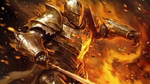 Digital Painting Splash Art Of A Golden Armor Knight In The Fire Flarmes, Fantasy Warrior Dragon Knight Concept, Created With Generative Ai Technology