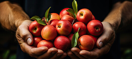 Close up of farmer male hands picking red apples fruits. Organic food, harvesting and farming concept