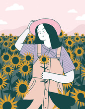 An Illustration Of A Person In A Field Of Sunflowers Against A Beautiful Landscape