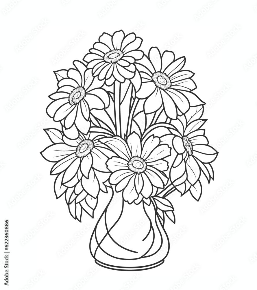 Coloring page with bouquet of flowers in a vase. Vector illustration ...