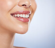 © Talia Mdlungu/peopleimages.com - Dental, mouth and woman half in studio with smile for beauty, cosmetics or teeth whitening on white background. Tooth, wellness and female model happy with oral hygiene, orthodontics or fresh breath