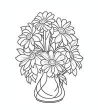 Coloring Page With Bouquet Of Flowers In A Vase. Vector Illustration. For Kids And Adults.