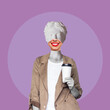 © Марина Демешко - Young business smiling woman headed by antique statue holds a white paper cup pf tea or coffee isolated on color purple background. 3d trendy collage in magazine style. Contemporary art. Modern design