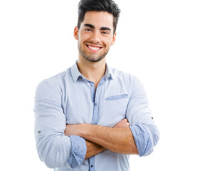 Portrait of happy handsome young man with arms crossed, isolated on white background