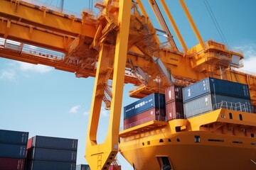 Wall Mural - Close up view of a huge industrial crane loading containers on board a cargo ship and stacking them evenly. Global freight transport and logistics concept. 3D illustration.